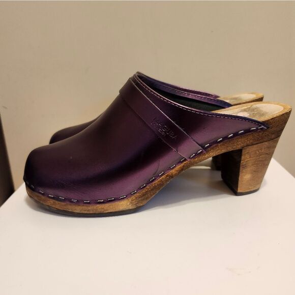 Maguba of Sweden Metallic Purple Leather Wooden Heel Clogs Size 9/40 Ret.$189 - Picture 9 of 12